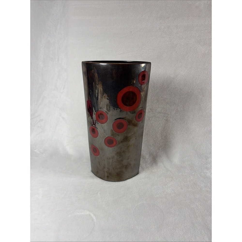 Vintage 90s Pier 1 Imports‎ Modernist Ceramic Vase Hematite Gunmetal Silver Red